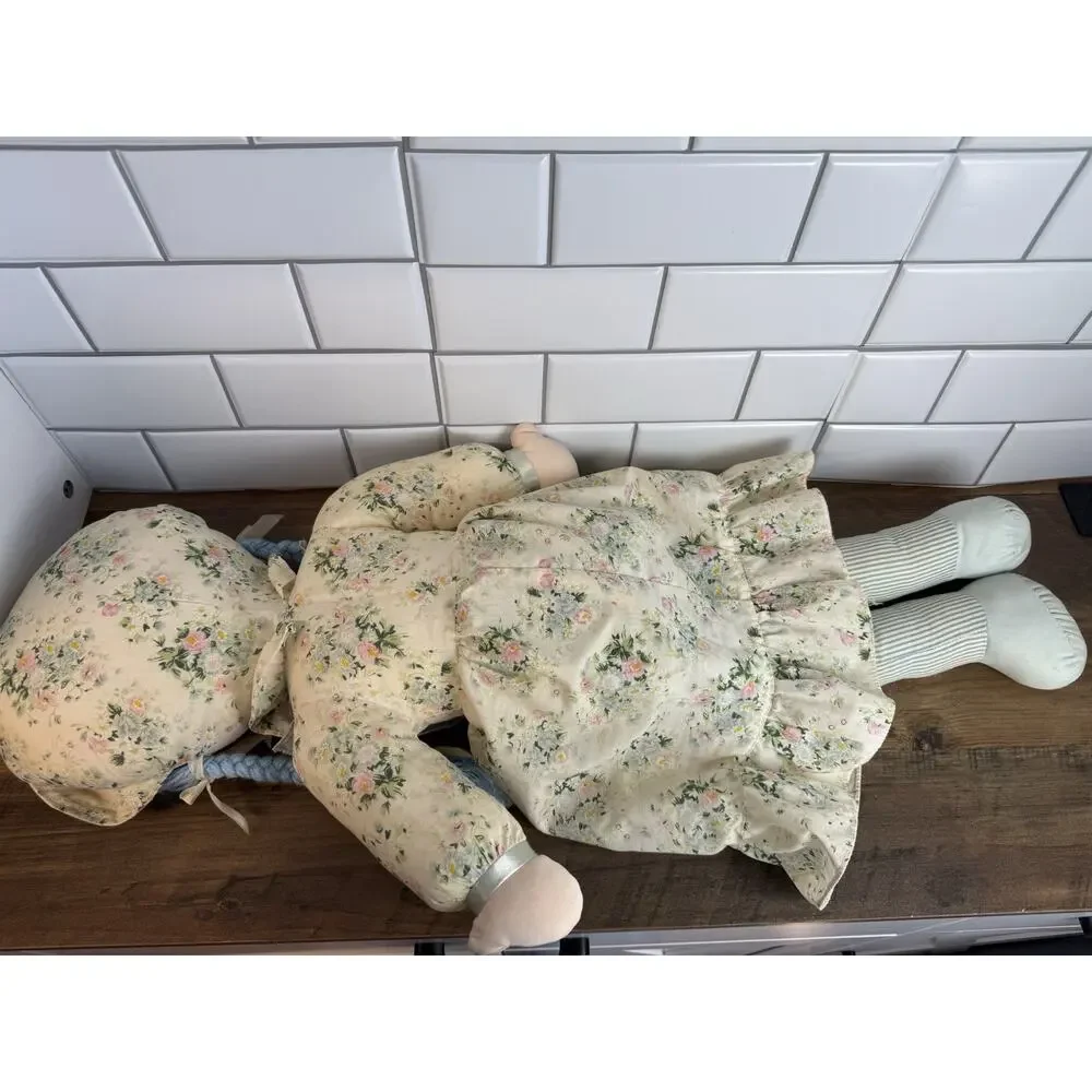 Vintage 28” Rag Doll Blue Braided Yarn Hair Floral Dress Bonnet Plush Toy